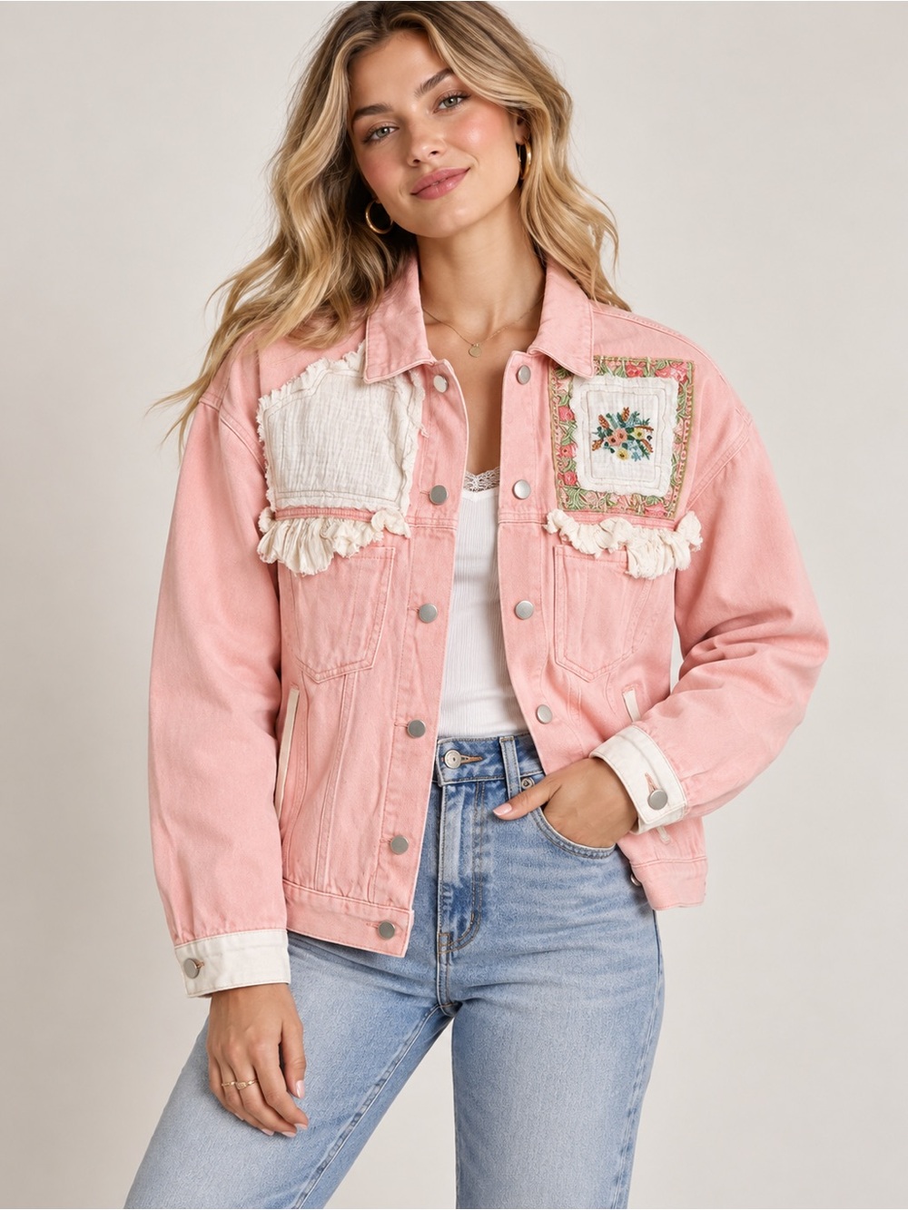 POL Blush Pink Embroidered Denim Jacket Floral Patch Boho Jacket NWOT Size M